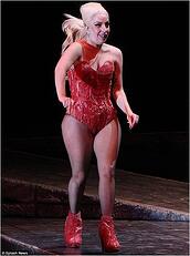 Lady Gaga meat corset costume on stage. 