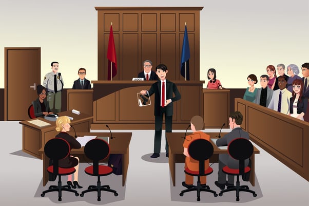 Court scene illustration of presenting evidence in a jury trial.