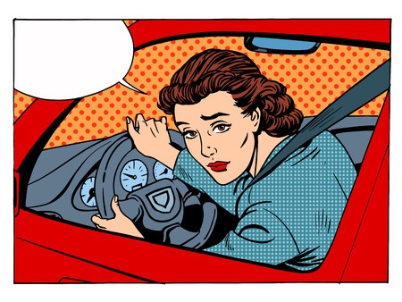 Pop art image like Andy Warhol of woman driver with speech bubble. 