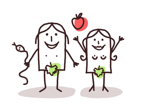 Funny Adam and Eve drawing with fig leafs in illustration of the Garden of Eden.