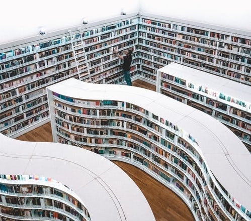 Stock photo of book shelves in library.