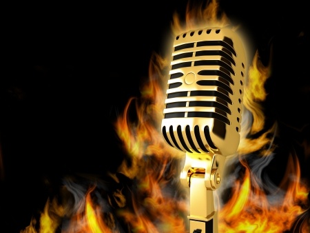 A microphone on fire illustrates the rules concerning how to be an effective public speaker.