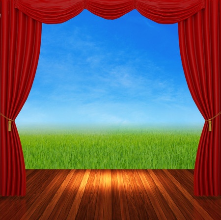 Image of red curtains in a theater on a nature background.